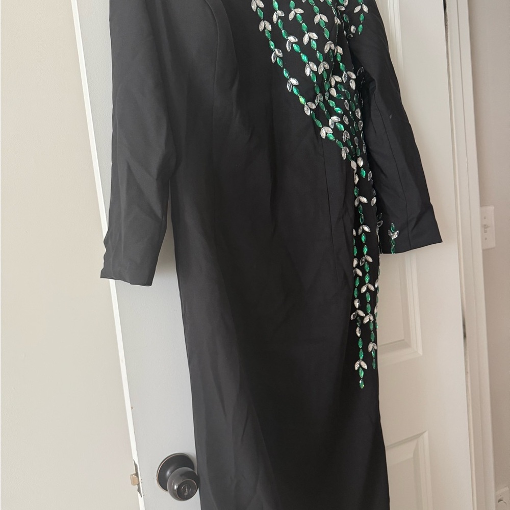 Elegant Black Dress with Green Embroidery